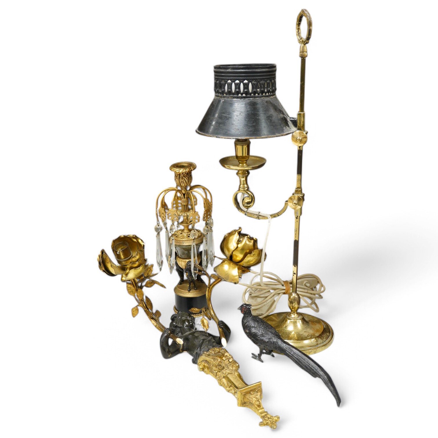 A bronze, ormolu and lustre candlestick, a bronze and ormolu cherub two branch sconce, a French brass student's lamp with black tole shade and a cold painted model of a peasant, student lamp 57cm high. Condition - fair t